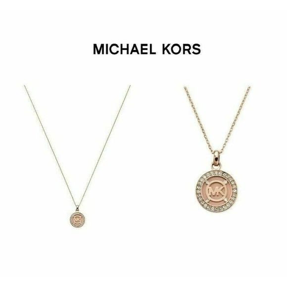 Michael Kors Iconic Cut-Out MK Logo w/ Crystals Pendant Necklace Silver New Tg - Picture 6 of 8